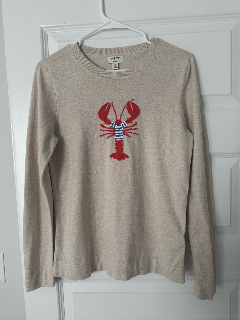 J. Crew Beige Crewneck Sweater with Red & Blue Lobster - Picture 2 of 7